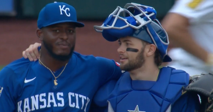 Luinder Avila with Carter Jensen after closing out the Royals final win of the 2025 season.
